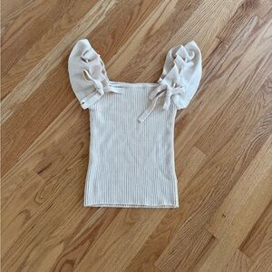 Sweater top Ribbed knit top with ribbon ruffle sleeves